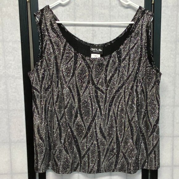 Onyx Nite Tops - Onyx Nite Sparkly Silver Glitter Leafy Scroll Stretch Knit Tank Top Black 2X